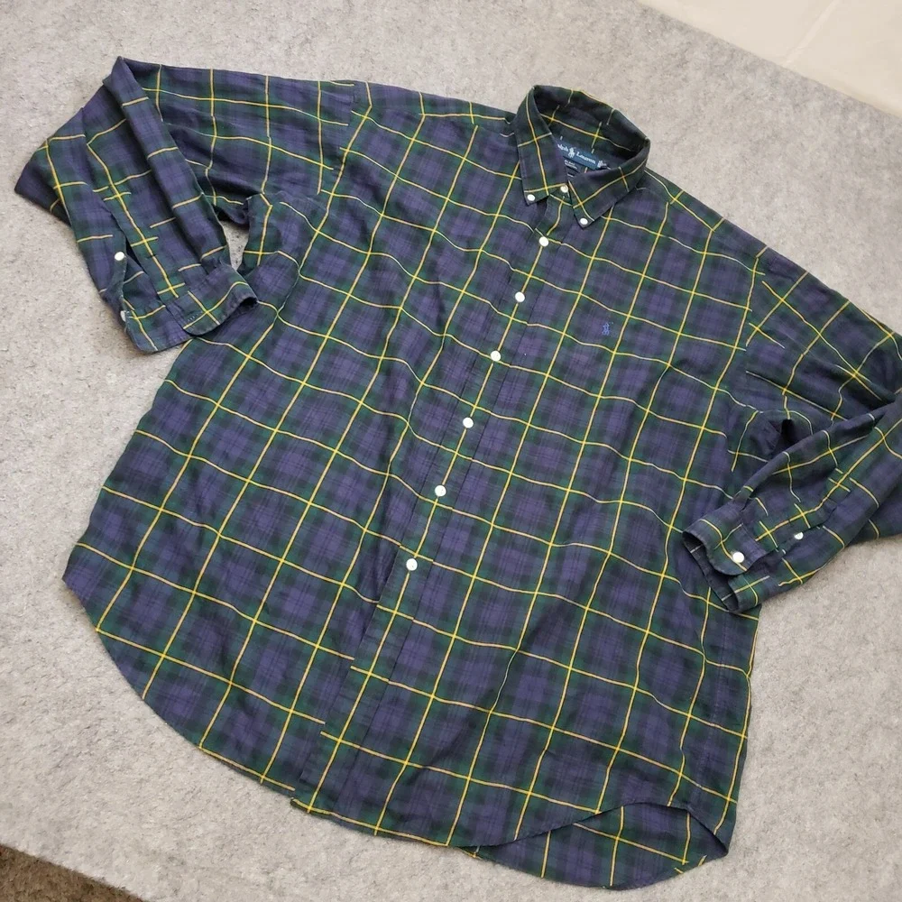 VINTAGE Polo Ralph Lauren Shirt Mens Extra Large Blackwatch Tartan Plaid Adult *